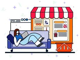 Marketplace concept. A woman relaxes on a sofa with a laptop, browsing an online shopping platform. The storefront displays products and shopping options, symbolizing e-commerce and digital retail. vector