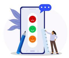 Woman choose feedback with some emoticon style. Character filling survey form. vector