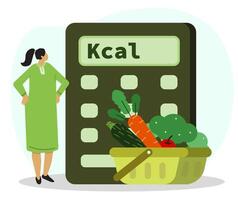 Woman looks at calculator to calculate the number of calories of vegetables in shopping cart. Healthy food for diet concept. Organic groceries eco, organic grocery store vector
