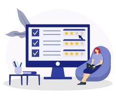 Woman sitting on sofa and using her laptop to give five star feedback as in dashboard. People giving stars rating, feedback, satisfaction, and evaluation concept vector