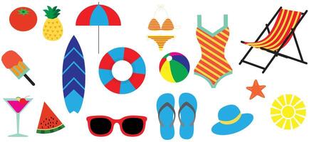 Flat and simple summer vacation icon set. Summer beach set. Relaxation on the sea or ocean isolated on white background. vector