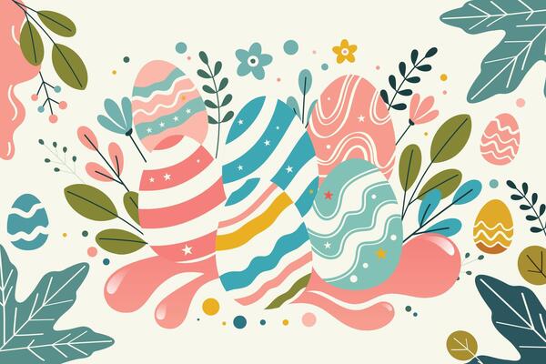 A trendy Easter illustration with pastel eggs, wavy stripes, stars, and leaves on a soft background. A cheerful, modern design perfect for banners, cards, and festive decor