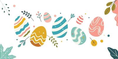 trendy Easter illustration featuring pastel-colored eggs with wavy, striped, and starry patterns. Surrounded by delicate leaves and dots, creating a festive spring vibe vector