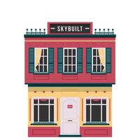 Urban house in flat design. Twostory building in european style front view with roof with doors and windows. illustration isolated on white background. vector