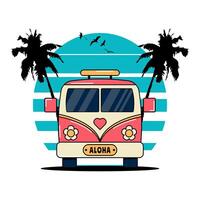 Vintage bus with palm trees and birds. Flat hippie van design for tshirt and other. Summer tourist bus, family travel. Retro illustration isolated on white background vector