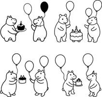 Cute wild and zoo animal set in line art, featuring a hippo for coloring. vector