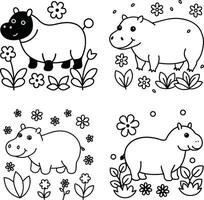 illustration of a hippo and more wild and zoo animals in a coloring page. vector