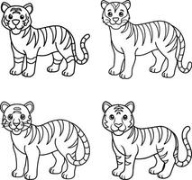 Set of cartoon tiger illustrations in line art for coloring page vector