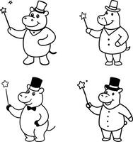 Line art coloring page with cute wild and zoo animals, including a hippo. vector