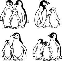 Playful cartoon penguins spending time in winter line drawing for coloring vector