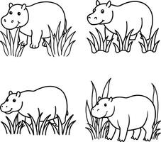 line art set of wild and zoo animals, featuring a hippo, for a coloring page. vector