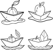 Line art coloring page design featuring a red apple with a green leaf in a fresh and healthy style vector