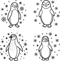 Happy penguin family playing in the snow black and white coloring page vector