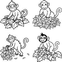 Adorable and humorous monkey illustration set for coloring vector