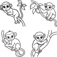 Cartoon monkey set with amusing poses in line art style vector