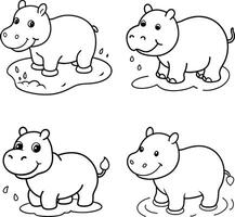 Adorable line art coloring page featuring wild and zoo animals like a hippo. vector
