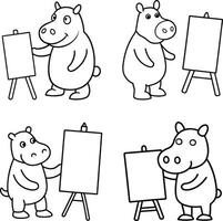 Cute illustration set of wild and zoo animals including a hippo in line art coloring page. vector