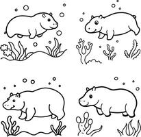 Delightful coloring page of wild and zoo animals like a hippo in line art. vector