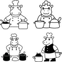 Line art set of cute wild and zoo animals like a hippo for a fun coloring page. vector