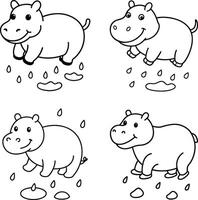 Cute zoo and wild animal set in line art style, featuring a hippo for coloring. vector