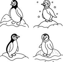 Cheerful penguins enjoying wintertime outline drawing for coloring vector