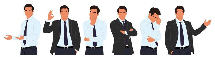 Business man character with different gesture set vector