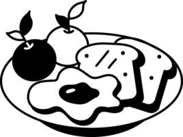 Breakfast plate with fried egg, bread, and fruits, doodle style illustration vector