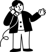Man calling on a wired phone, doodle character illustration vector