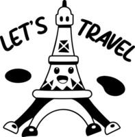 A glyph sticker of eiffel tower with lets travel typography vector