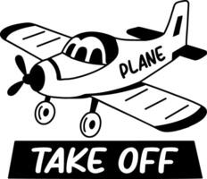A glyph style sticker of a plane with take off typography vector