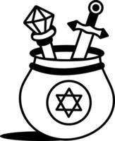 Magic pot with a crystal staff and sword, doodle icon vector
