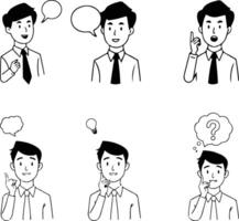 a set of line art cartoon design of thinking pose , idea pose , on white background vector