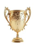 High-quality 3D render of a luxurious golden trophy with intricate floral engravings and elegant curved handles png
