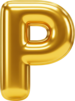 Shiny golden balloon letter P. 3D rendering of a vibrant gold letter designed as a balloon with a shiny inflatable glass material. png