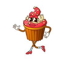 Groovy cupcake muffin cartoon dessert character vector