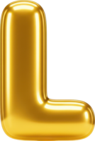 Shiny golden balloon letter L. 3D rendering of an inflatable glass material. png