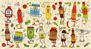 Cartoon groovy sauce bottles and jars characters vector