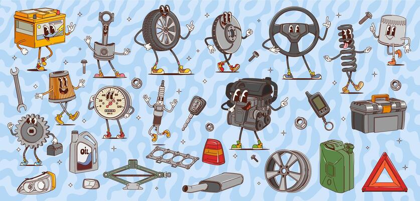 Cartoon groovy car spare parts, tools characters