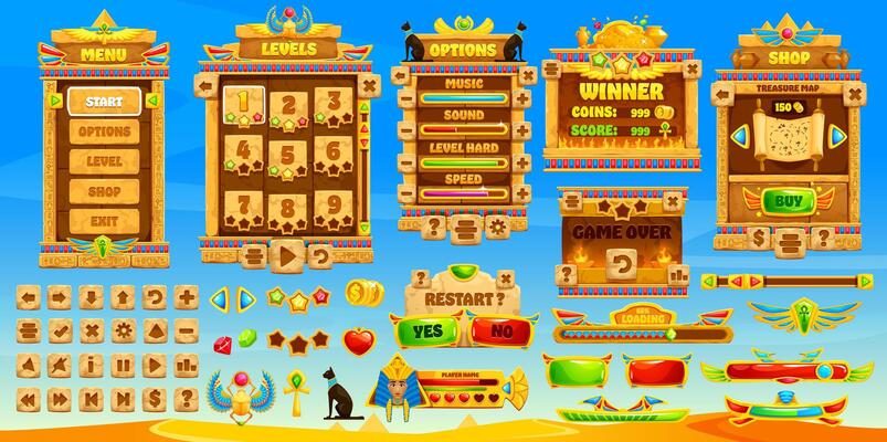 Ancient Egypt game interface, GUI buttons, assets