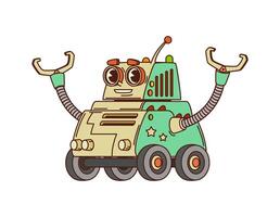 Cartoon groovy robot character, droid on wheels vector