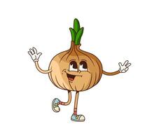 Groovy onion vegetable character waving hands vector