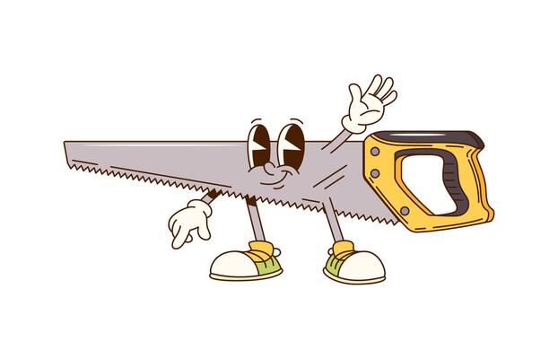 Cartoon groovy hand saw character, DIY work tool