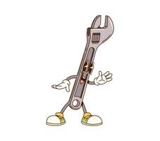 Cartoon groovy spanner wrench work tool character vector