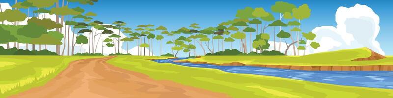 Landscape with a dirt road winding through a green field towards a forest. Blue river flows alongside the field, and a bright sky with white clouds is visible. Evoking a sense of nature and travel. vector