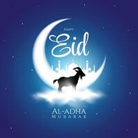 Eid Al-Adha mubarak greeting card with crescent light, mosque and silhouette of sheep. islamic background vector