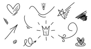 Hand drawn set of doodle emphasis design elements. Crown, arrow, curly, heart, star. used for infographic concept design vector