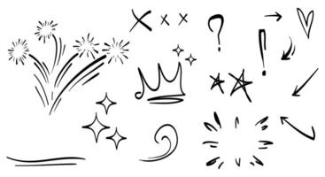 Hand drawn of doodle emphasis design element. Fireworks, arrow, heart, love, crown, star and more element. use for concept design. vector