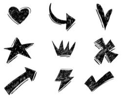 Hand drawn set of doodle emphasis design elements. Crown, love, arrow, star, checklist. used for infographic concept design vector