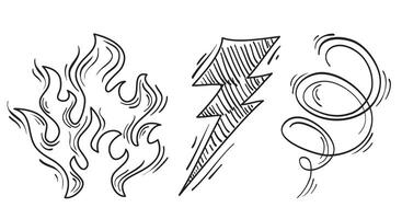 Doodle design elements, wind blow, swirl, fire flame and thunder bolt symbol. isolated on white background. hand drawn illustration vector