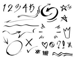 Hand drawn set of doodle emphasis design elements. Crown, arrow, heart, exclamation, star, number. used for infographic concept design vector